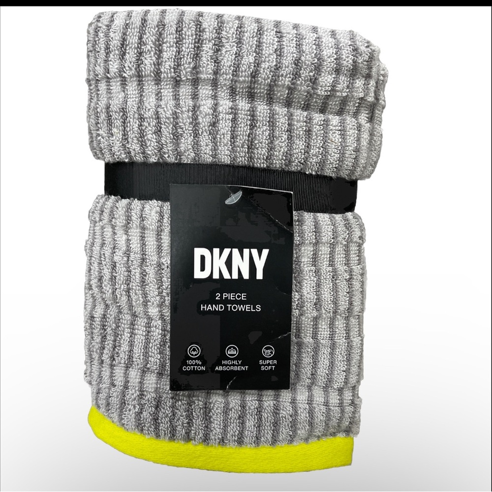 DKNY 100% Cotton Super Soft Highly Absorbent 2 Pack Hand Towels 16x28” NWT